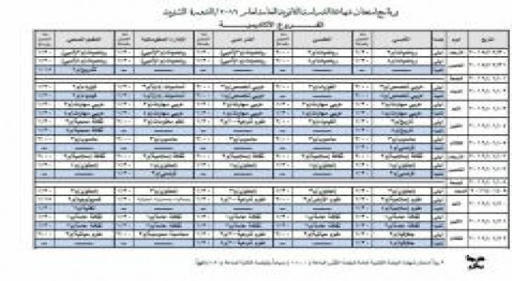 جدول امتحانات الدورة الشتوية لامتحان الثانوية العامة "التوجيهي"