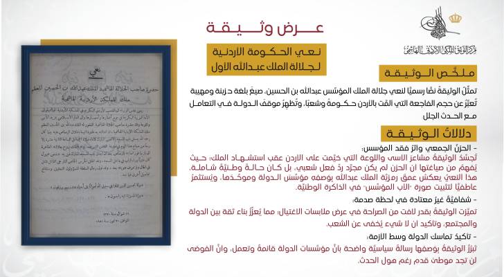 مركز التوثيق الملكي يعرض وثيقة نعي رسمية في ذكرى استشهاد الملك المؤسس عبدالله بن الحسين