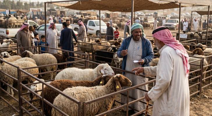 صورة مولدة بالذكاء الاصطناعي تمثل حضائر بيع الاغنام