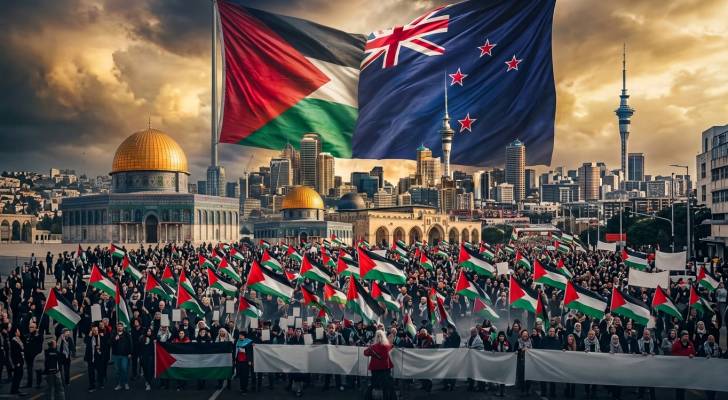صورة معدة بالذكاء الاصطناعي تمثل المسجد الاقصى وقبة الصخرة وعلم فلسطين ونيوزلندا ومواطنيين من نيوزلندا ينفذون وقفة احتجاجية من أجل فلسطين