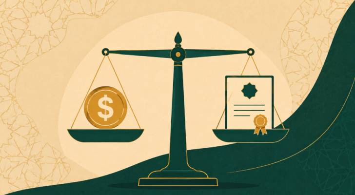 ALT TEXT: رسم متجه مسطح لميزان يوازن بين رمز عملة وشهادة ترخيص