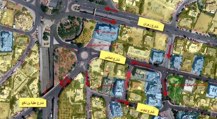 رسم توضيحي يبين التحويلات المرورية الجديدة واتجاهات السير المعتمدة في المنطقة