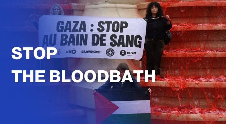 Activists dye Paris fountain red to say “stop the bloodbath” in Gaza