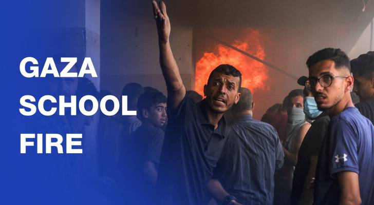 Fire rages following “Israeli” strike on school shelter in northern Gaza