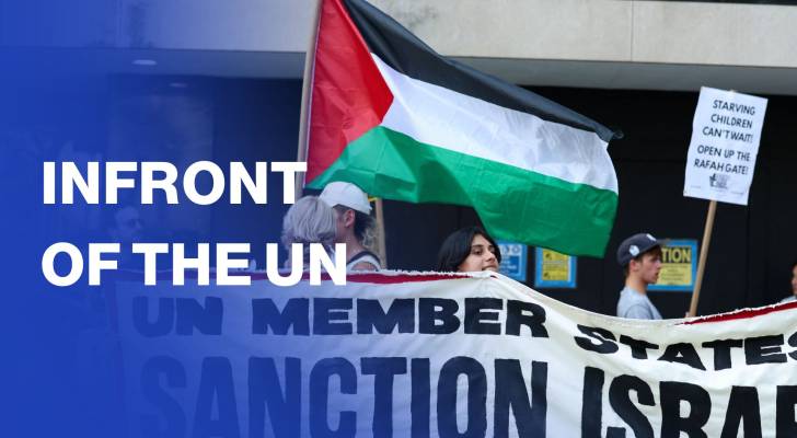 Pro Palestinian protesters gather in front of UN headquarters
