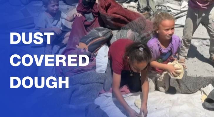 Children collect dough covered in dust after “Israel” strikes Gaza City tower