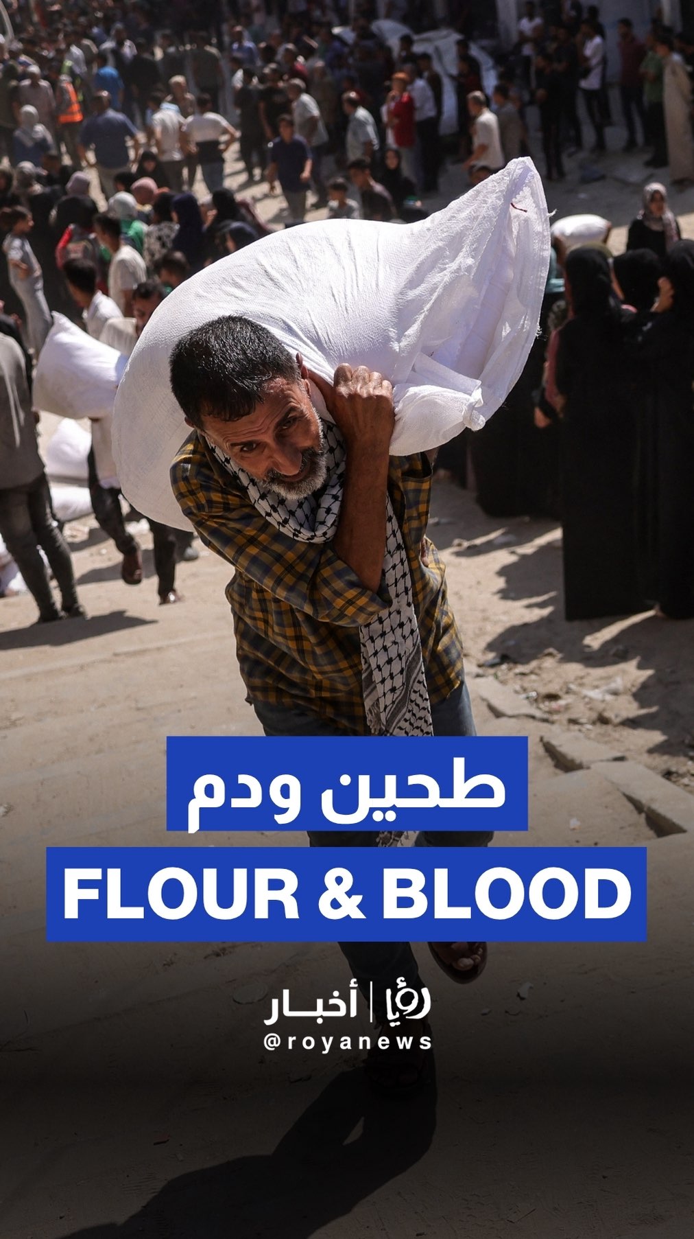 Gazans carry heavy sacks of flour through war-torn streets