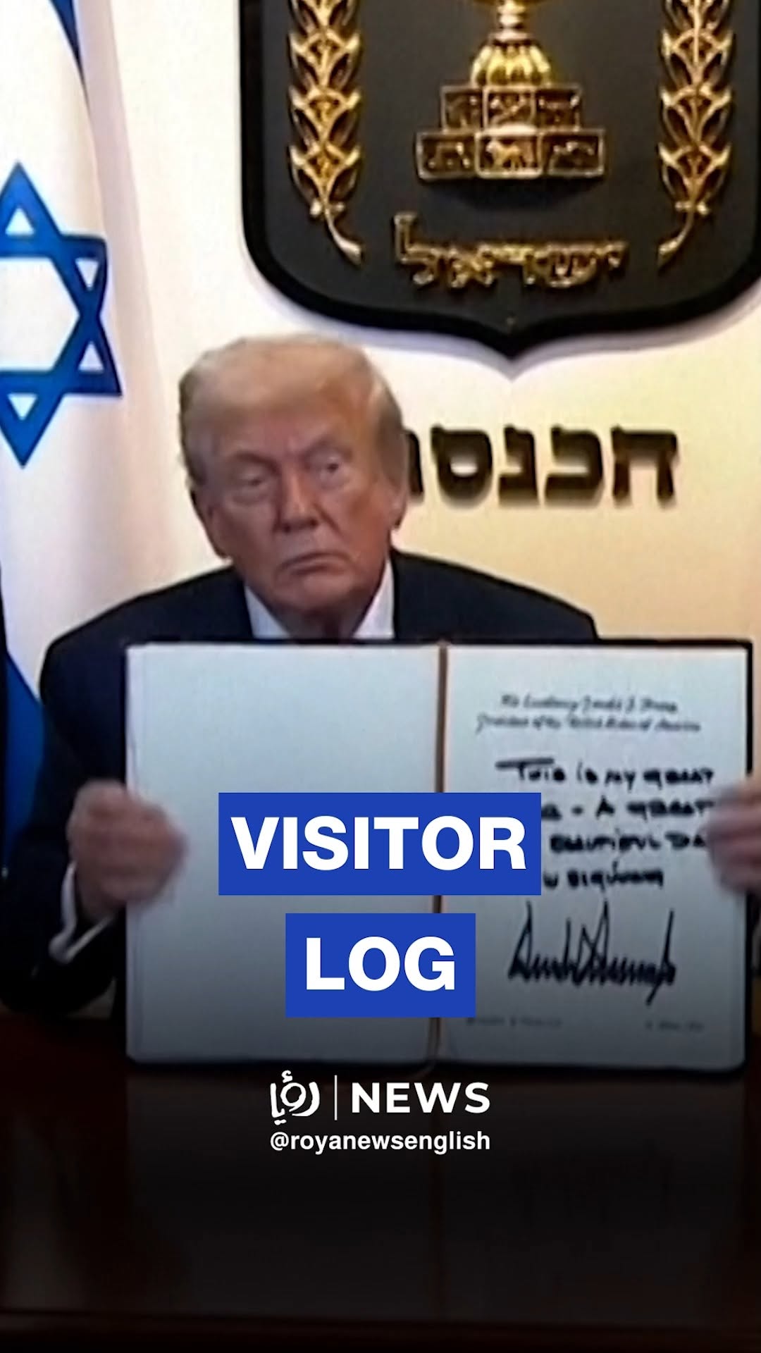 Trump signs visitor log upon arriving at the Knesset