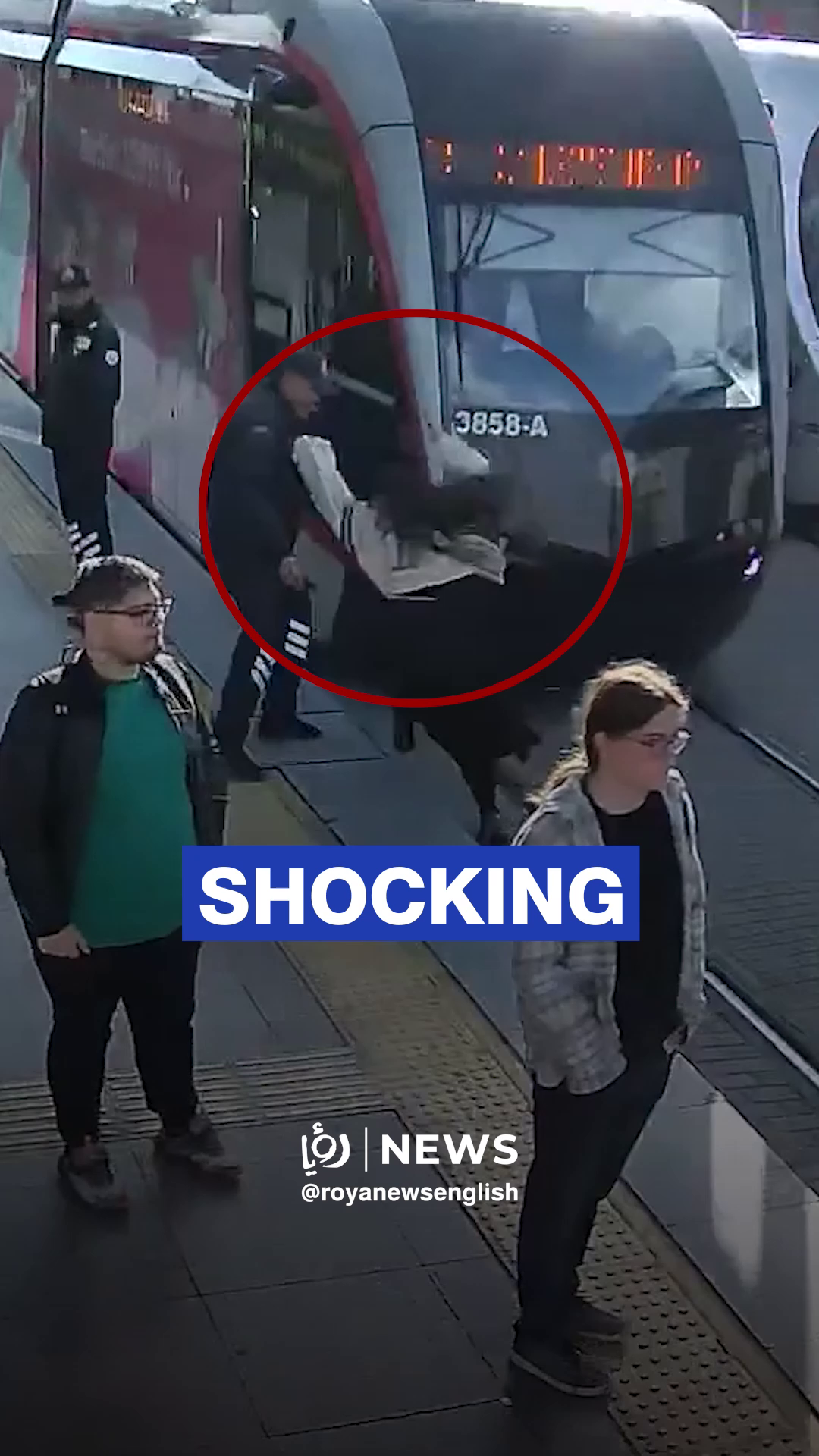 Hair-raising moment security guard saves woman from oncoming tram