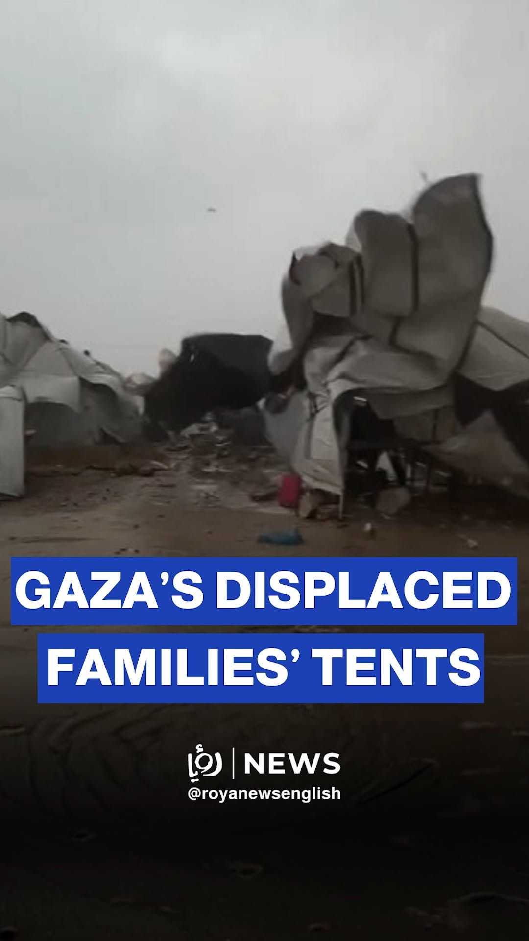 Strong winds sweep away displaced families’ tents in Gaza