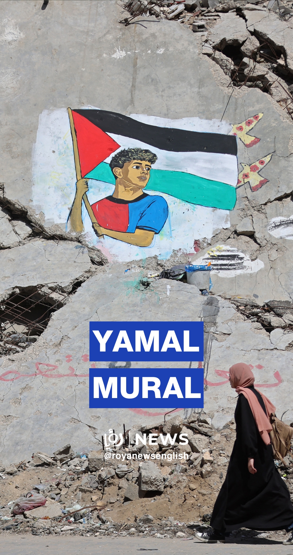 Gazan artists paint mural of Barcelona footballer Lamine Yamal on Gaza rubble
