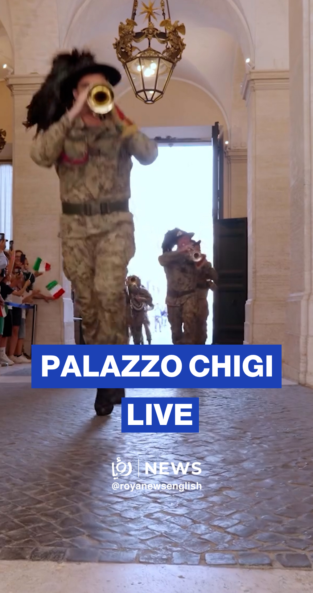 Bersaglieri military band performs inside Palazzo Chigi courtyard