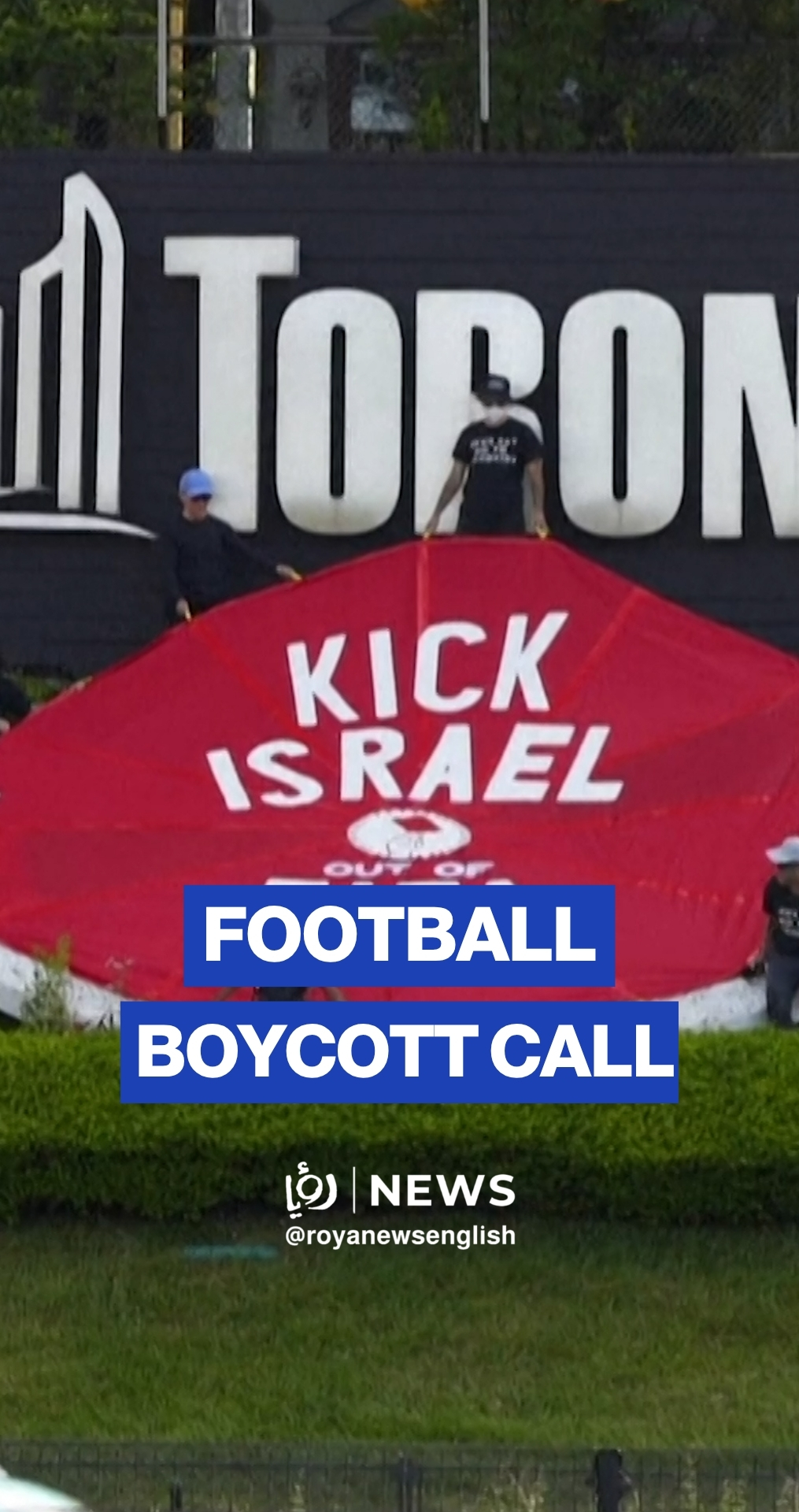 Activists in Toronto cover FIFA logo with banner calling for expulsion of 'Israel'