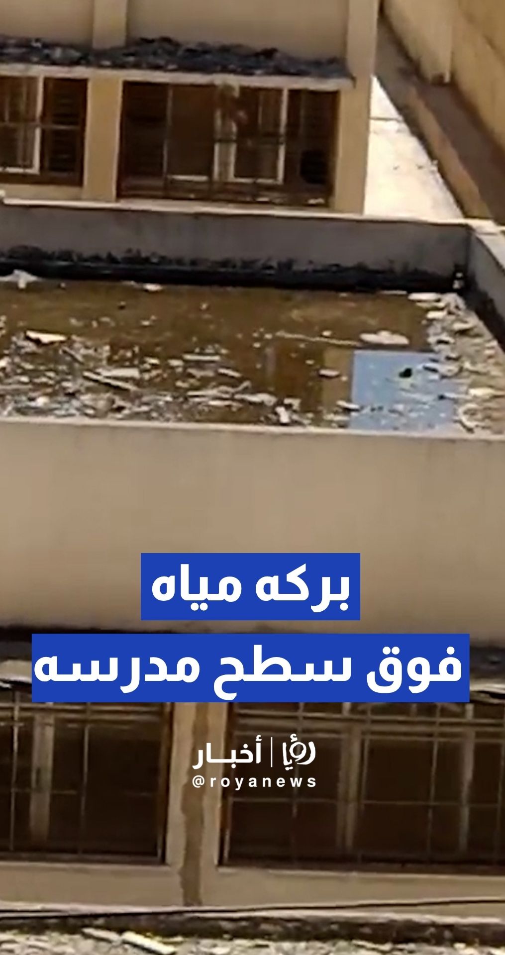 بركه مياه من الشتاء السابق فوق سطح مدرسه توفيق ابو الهدى في جبل النصر في عمان